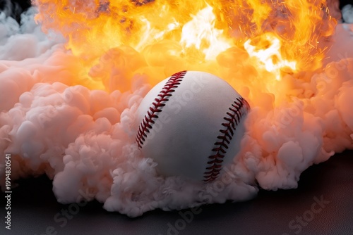 Baseball Bursting Through Flames and Smoke in a Dramatic Scene on the Field