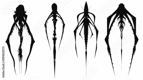 Four silhouetted, stylized, spindly alien creatures on a white background
