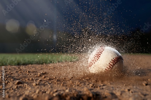 Baseball Bounces off the Ground During a Game at the Field in the Evening Light