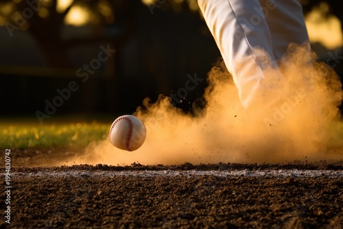 Baseball Rolls on the Dirt as a Player Takes a Swing in the Evening Light