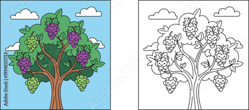 Cute kawaii grape tree with happy faces illustration, colored and outline versions for kids coloring book, educational fruit tree vector design for children activities.