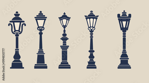 Five vintage streetlights of varying styles displayed on a light-colored backdrop