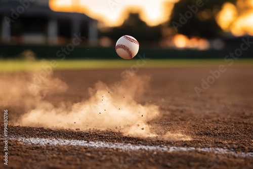 Baseball Rolls on the Dirt as a Player Takes a Swing in the Evening Light
