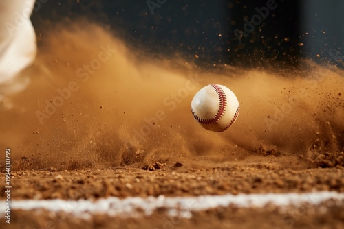 Baseball Hitting the Ground and Kicking up Dust on the Field During an Evenin...