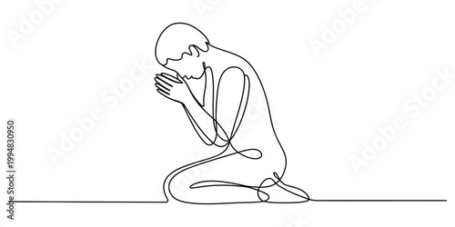 A continuous line drawing of a person kneeling in a humble posture with hands clasped in prayer