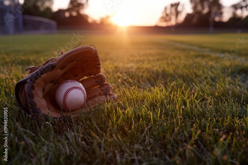 Sunset Baseball Scene With Glove and Ball on Grassy Field