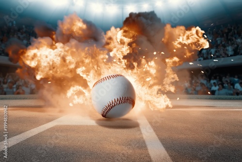 Baseball Rolling on the Field With Fire and Smoke at a Crowded Stadium During...