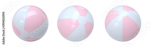 Vector set of realistic 3D rendered beach balls. Three inflatable water balls in soft pastel pink and white. Colorful striped beach balls shown from different angles, isolated.