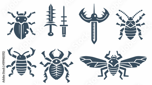 Dark teal graphic symbols depict bugs, swords, and fantasy weapons on a white background