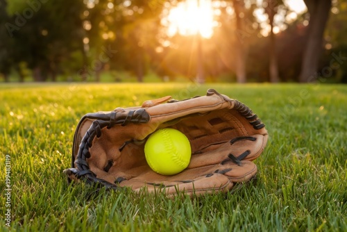 Softball Glove and Yellow Ball on Grass During Sunset in a Park