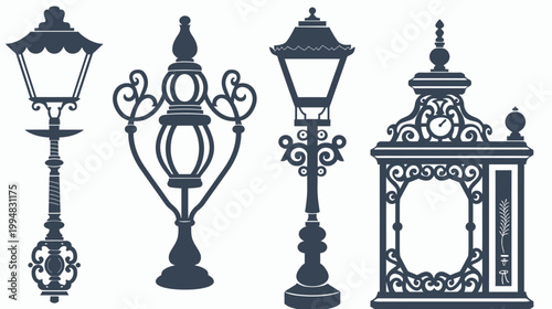A group of four intricate Victorian style street lamps, dark blue silhouette