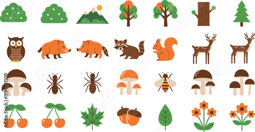 Forest Nature Icon Set with Animals, Trees, Plants, Mushrooms, and Insects for Educational Design, Kids Learning Materials, Stickers, and Vector Illustration Collection.
