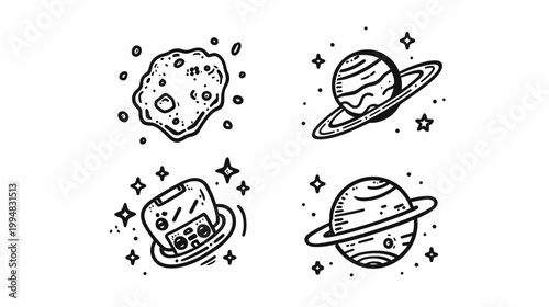 Four space illustrations. Black outline asteroid, planets, radio, stars on white