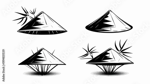 Four black and white sketched icons of conical hats with bamboo leaves