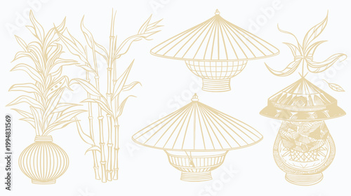 Asian-inspired line art showing bamboo, leaves and traditional hats in a beige, minimalist style