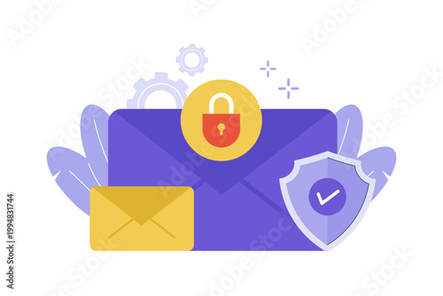 Illustration of Secure Email with Locked Envelope and Shield. A purple email envelope protected by a padlock and security shield, representing data privacy and encrypted communication