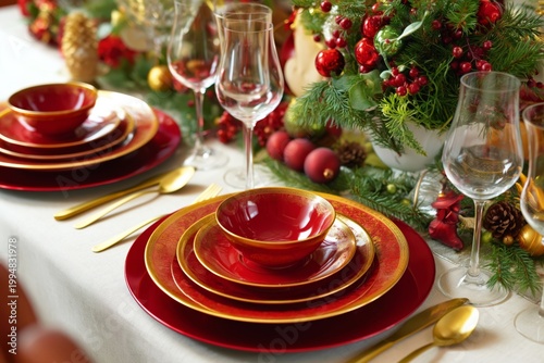 Holiday Dinner Table Setting With Red and Gold Decorations in a Festive Locat...