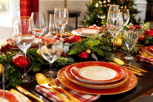 Festive Dinner Table Setting With Decorations in a Home During Holiday Season