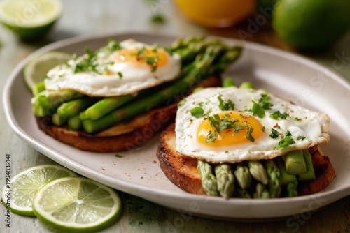 Cooked Egg on Toast With Asparagus and Lime Slices Arranged on a Plate