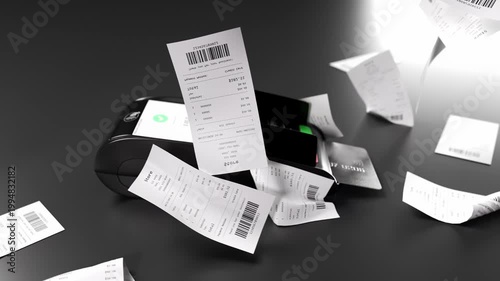 POS Terminal Surrounded by Scattered Receipts – High Expense and Spending Concept, 3D Render