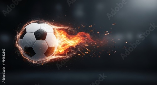 Soccer ball on fire with motion blur against a dark stadium background