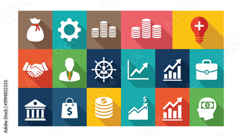 Collection of business and finance icons on colorful squares  various symbols for economy and management