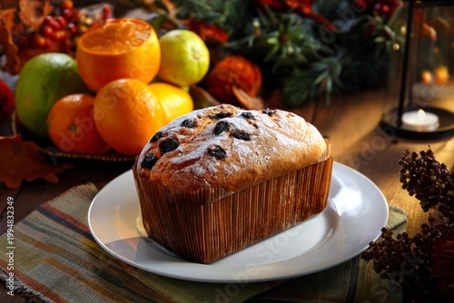 Freshly Baked Bread on a Plate With Fruits in the Background During Autumn Se...