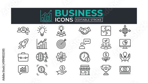 Business editable stroke icons set including finance management marketing and communication symbols  business concepts