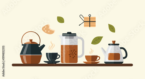 This vector illustration depicts a cozy tea time scene with various teapots, cups, and floating tea leaves on a minimalist background.