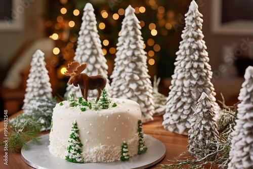 Moose Cake Decoration With Snowy Trees in a Cozy Setting During Winter