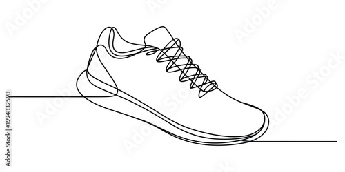 A single continuous line drawing of a modern athletic running sneaker for sports and fitness wear