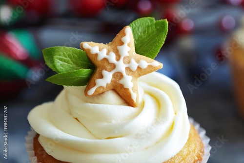 Festive Cupcake With Cream Icing and Gingerbread Star on Top in Holiday Setting