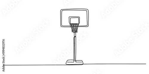 A single continuous line drawing of a basketball hoop system with a backboard and a standing base