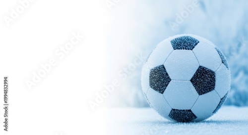 Soccer ball with frost in a winter landscape with copy space