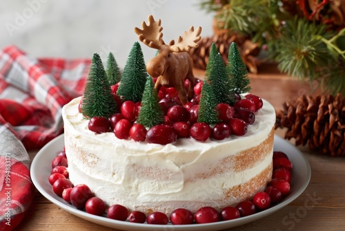 Festive Cake With Moose Decoration and Cranberry Topping in Holiday Setting