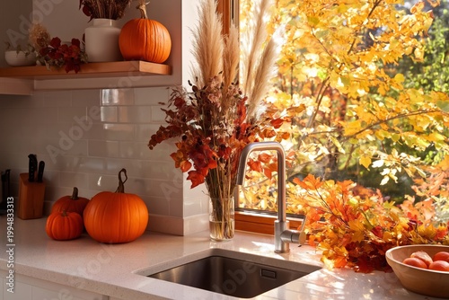 Warm Autumn Kitchen With Pumpkins and Colorful Leaves Near the Window in Brig...