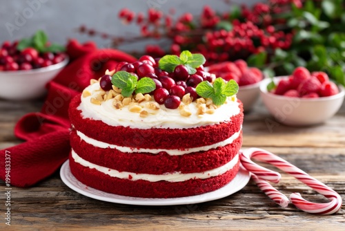 Red Velvet Cake With Cream and Berries on a Wooden Table During a Festive Gat...