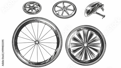 Black and white ink-style illustration of bicycle wheels and a helmet on white background