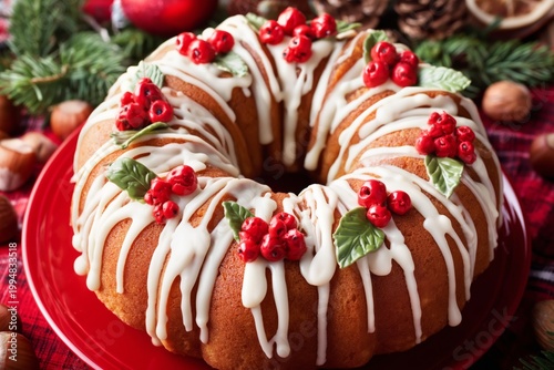 Holiday Cake Sits on a Red Plate Surrounded by Festive Decorations and Greenery