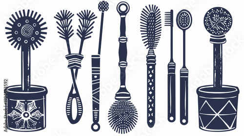 Whimsical, dark blue, stylized graphic of various cleaning brushes in containers