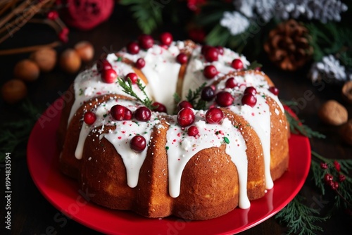 Red Velvet Cake With White Icing and Berries on a Red Plate During a Holiday ...