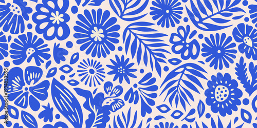 A vibrant blue and white floral pattern featuring stylized botanical illustrations