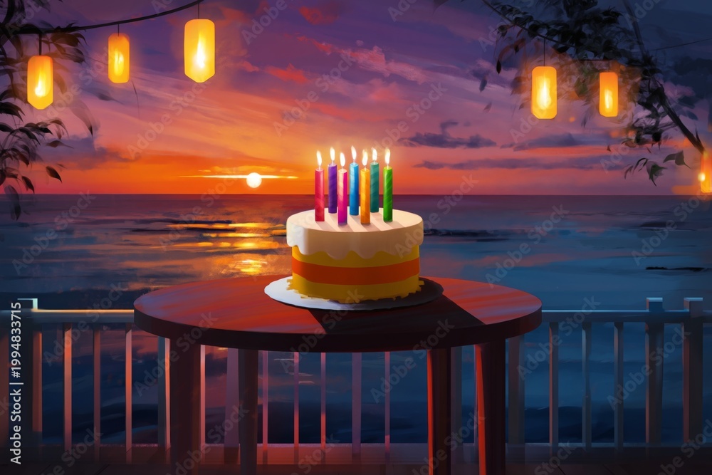 Fototapeta premium Sunset Celebration With Candles on a Cake at the Beach