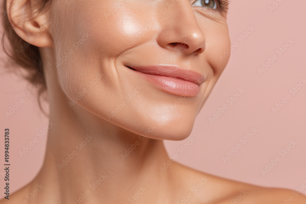 Fototapeta premium Glowing cheek soft smile close up female face smooth skin pink background natural makeup dimples healthy skin