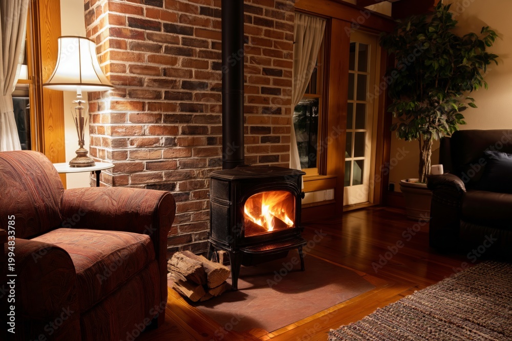 Fototapeta premium Warm Flames Dance in a Cozy Living Room Next to a Comfortable Sofa and a Low Table