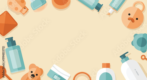 Flat vector illustration of various baby care products and cute toys arranged in a frame around a central empty space.
