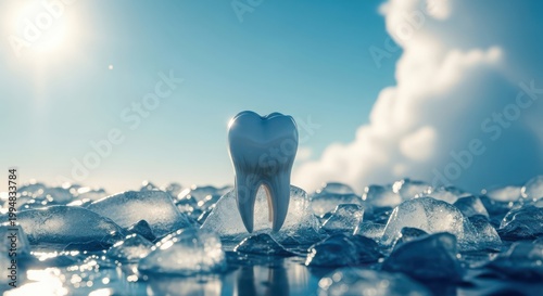 Dental tooth on ice cubes under bright sun, sensitive teeth concept with molar on frozen water, cold sensitivity and oral health care