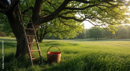 Rustic wooden ladder leaning against large oak tree, harvest basket in green meadow, idyllic orchard landscape at golden hour sunset