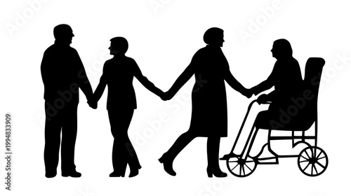 Black and white illustration depicts four figures, two walking holding hands, one in a wheelchair pushed by another