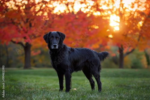 Dog Stands on Grass With Sunset and Colorful Trees in the Background During A...